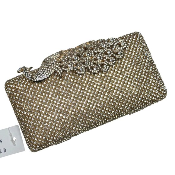 Gold Rhinestone Evening Clutch Peacock Clasp Elegant Formal Purse NWT - Picture 4 of 16